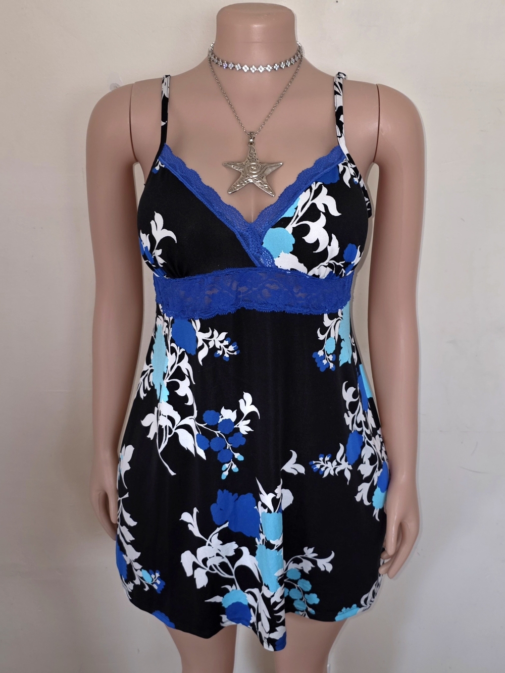 ☆George Black Floral Dress with Blue Lace Accents☆